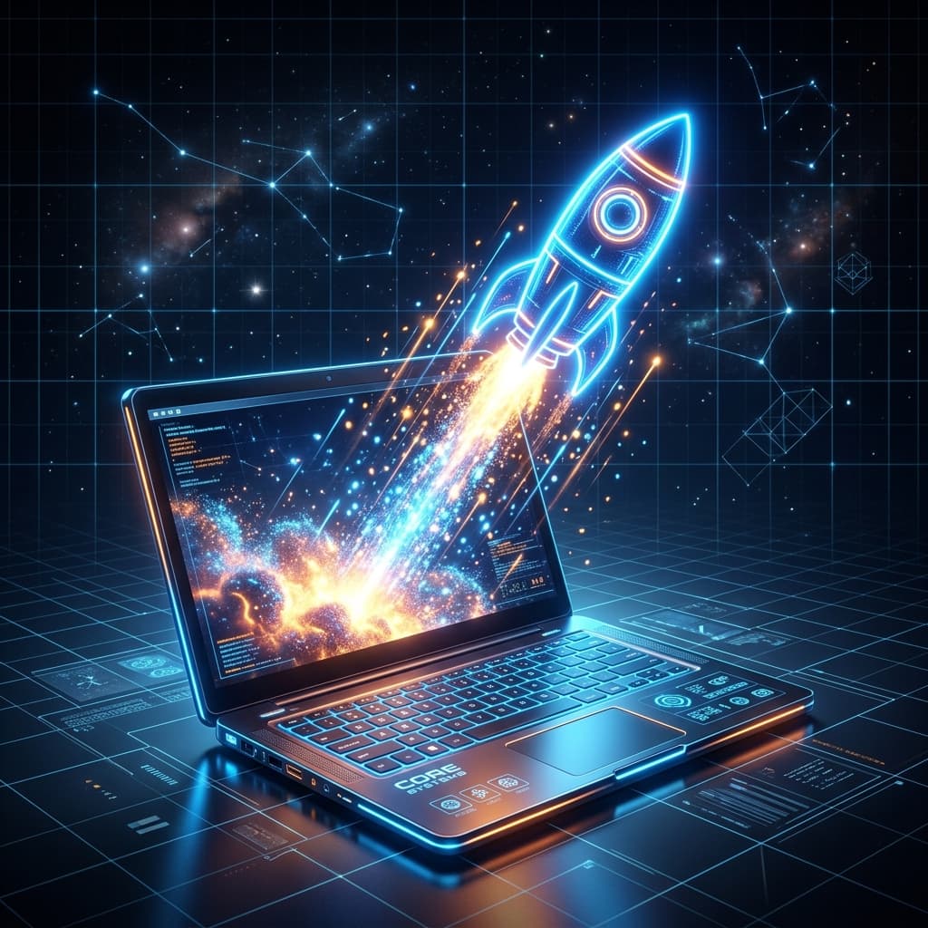 Rocket taking off from laptop